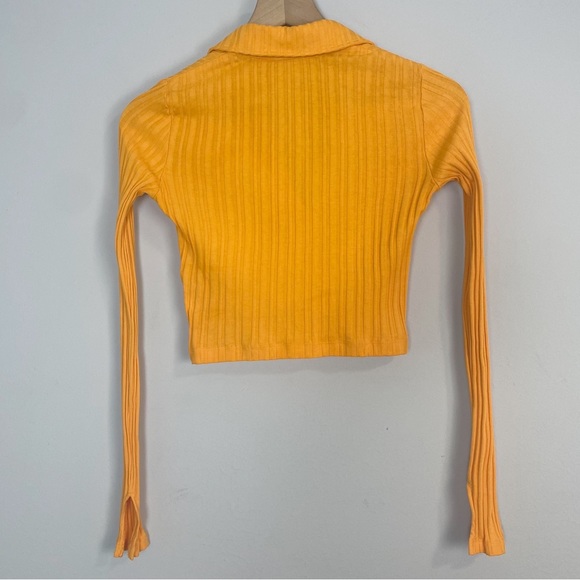 Helmet Lang Textured Stripe Crop Apricot Cotton Polo Shirt - Picture 10 of 13